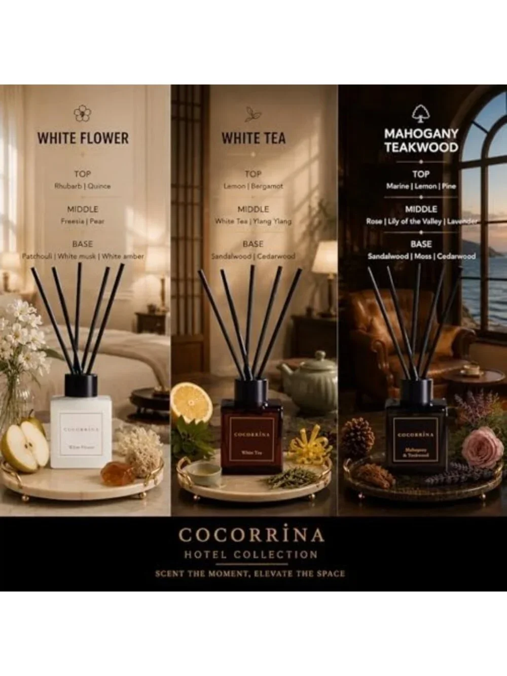 Reed Diffuser Set Trio - Mahogany Teakwood, White Flower & White Tea - Home